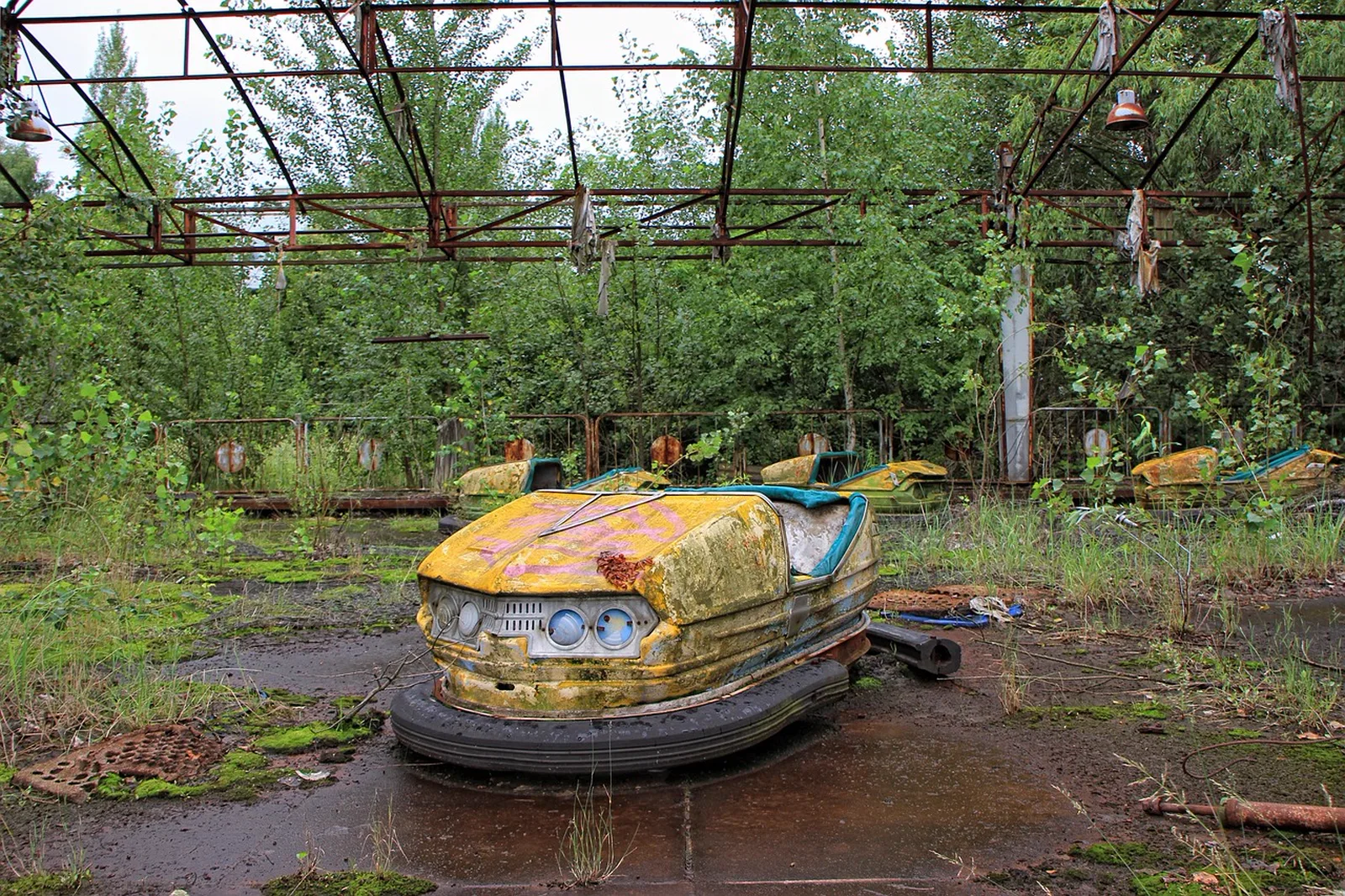 Ubanga-Banga Bumper Cars: An overgrown yellow bumper car sits in an abandoned amusement park pavilion.