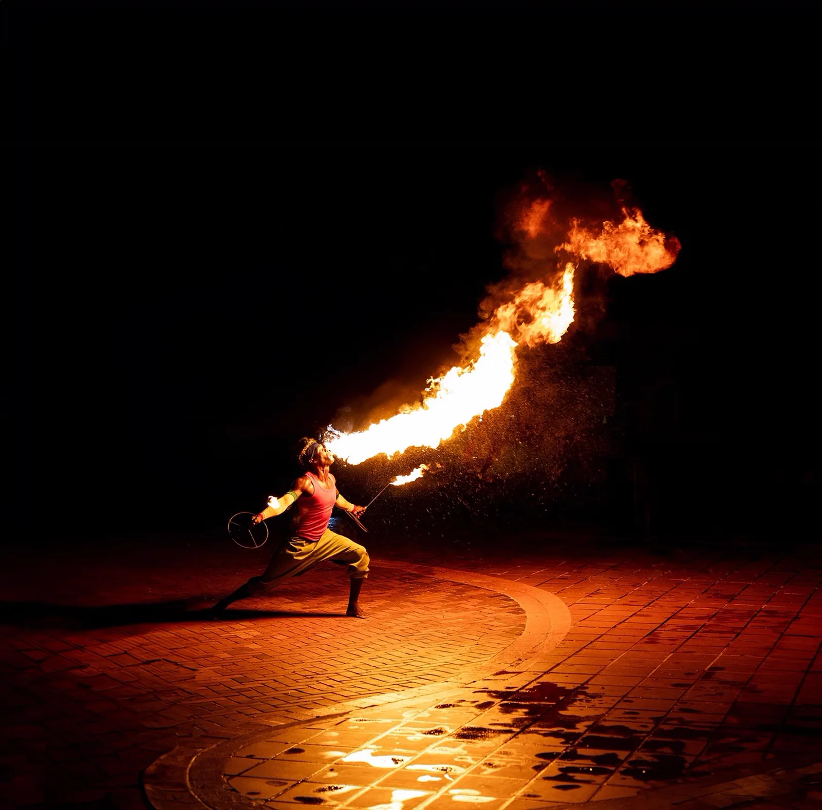 Le Cirque Arcanus: A performer breathes a large plume of fire during a nighttime outdoor show on a paved plaza.
