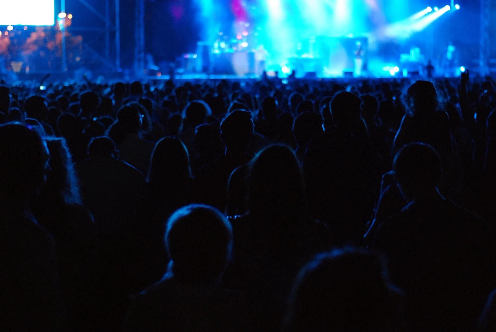 Fantasmic!: Silhouetted concertgoers gather in front of a brightly lit stage under blue lights during an outdoor night performance.