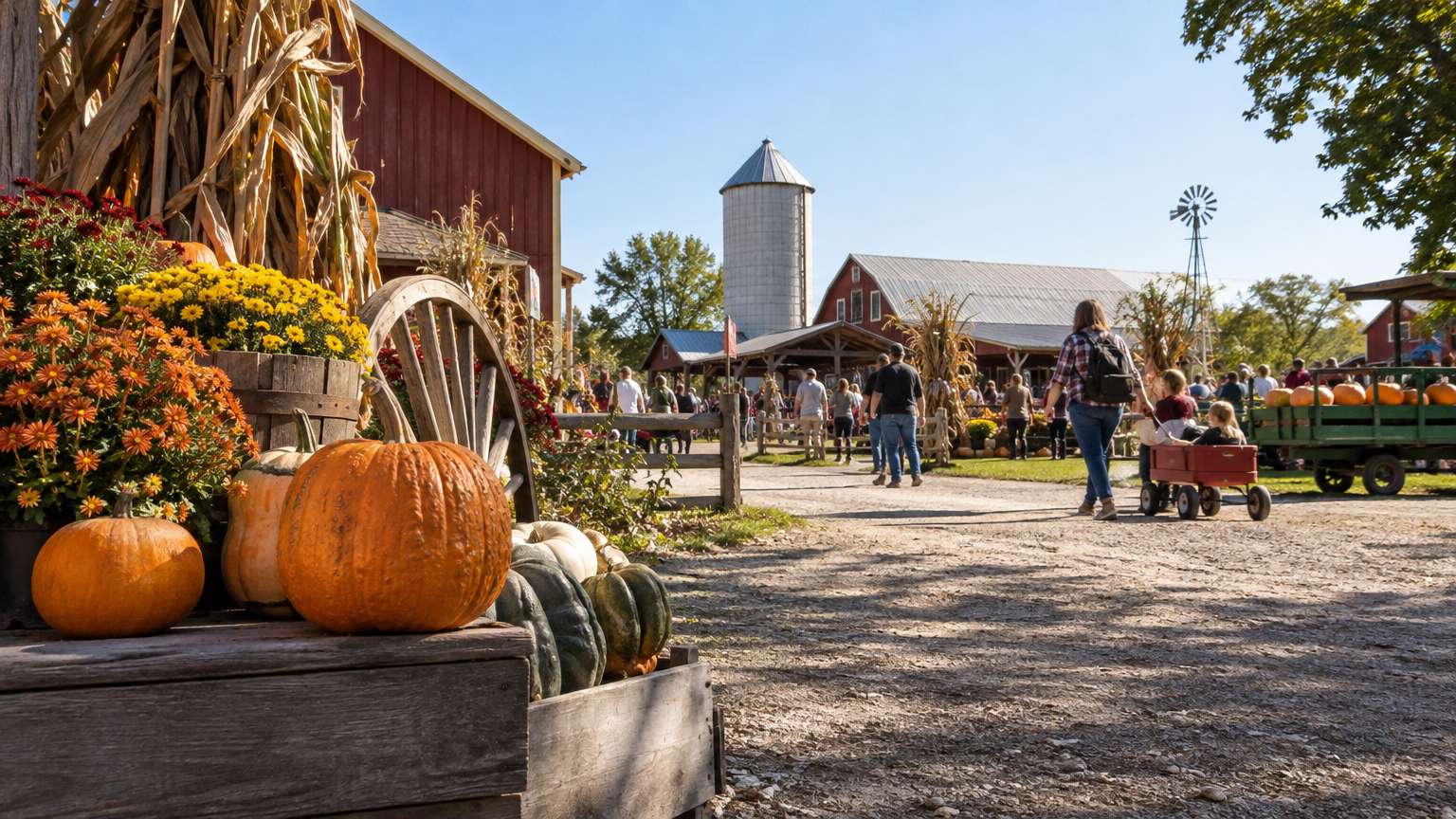 Child and adult walking boots beside a day bag, folded layers, and a small pumpkin on a farm bench in fall.